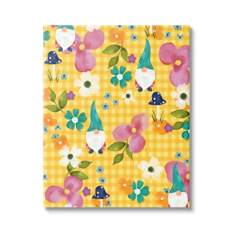 Stupell Industries Yellow Tartan Patterned Spring Gnomes Mushrooms Canvas Wall Art