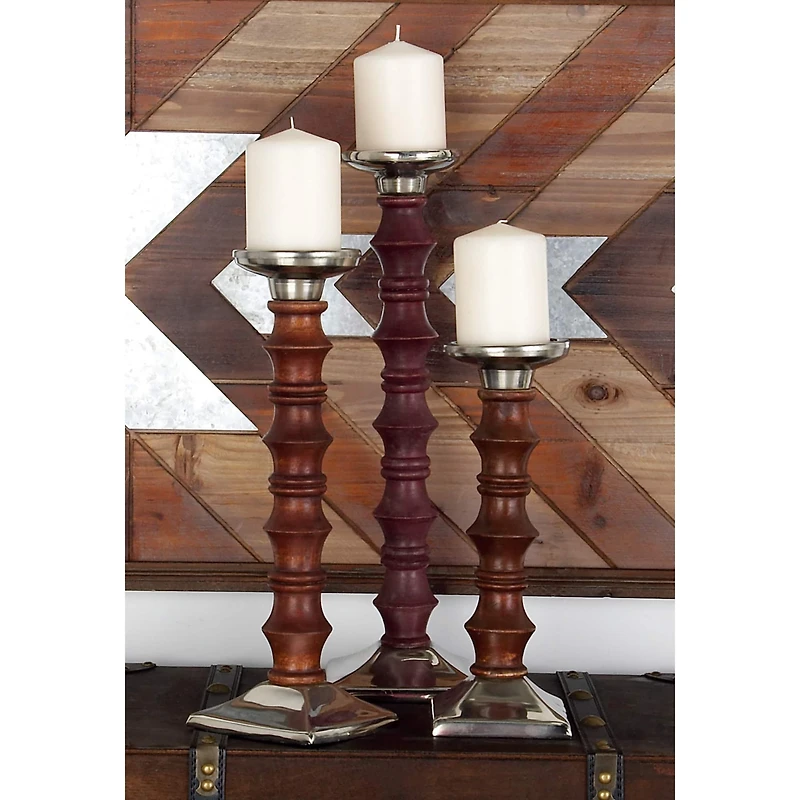 Brown Wood & Aluminum Pillar Candle Holder Set