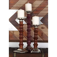 Brown Wood & Aluminum Pillar Candle Holder Set