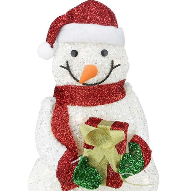 23" Lighted White Plush Glittered Snowman with Tinsel Gift Yard Art