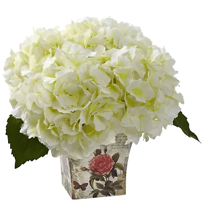 9'' White Hydrangea Arrangement in Floral Planter