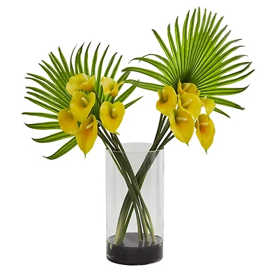 2.2ft. Calla Lily & Fan Palm Artificial Arrangement in Cylinder Glass Vase