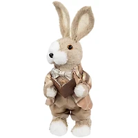 12" Beige Boy Easter Rabbit Figurine with Plaid Jacket