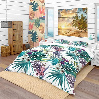 Designart 'Pattern Orchid Hibiscus Leaves Watercolor Tropics' Tropical Bedding Set