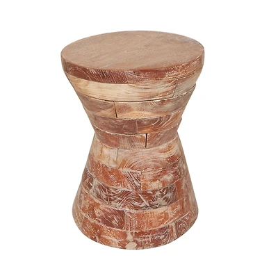 18.5" Brown Teak Wood Handmade Hourglass Accent Table with Stacked Wood Pieces