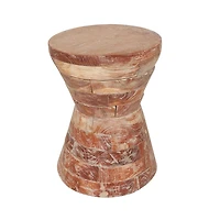 18.5" Brown Teak Wood Handmade Hourglass Accent Table with Stacked Wood Pieces