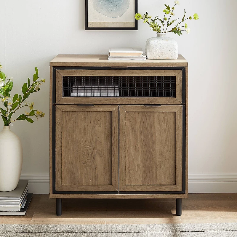 Walker Edison English Oak Mesh Metal Accent Cabinet