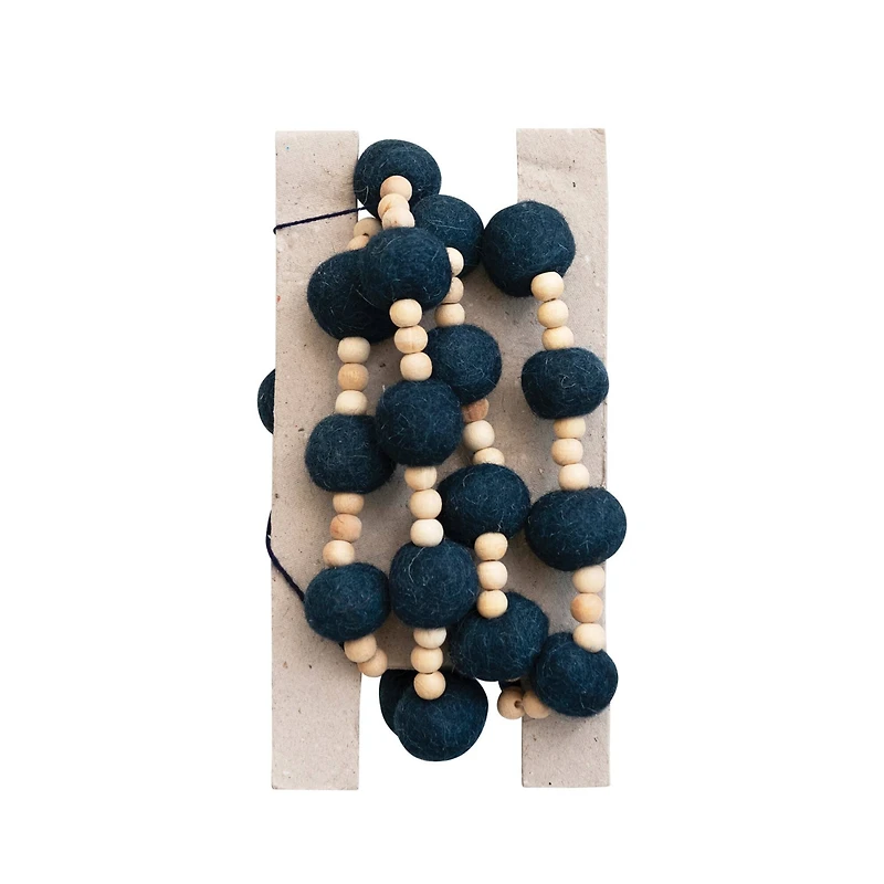 Hello Honey® 6ft. Blue Wool Felt Balls & Natural Wood Beads Garland
