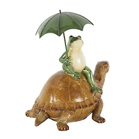 12" Bronze Sitting Frog Sculpture with Umbrella & Brown Walking Turtle