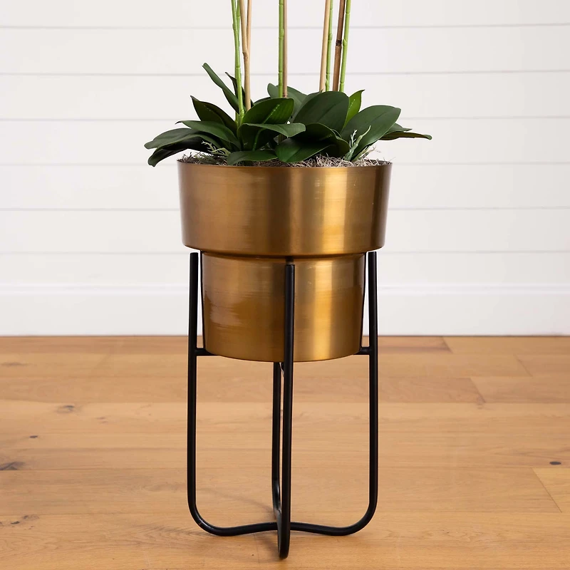 4ft. White Orchid Arrangement in Brass Metal Planter with Stand