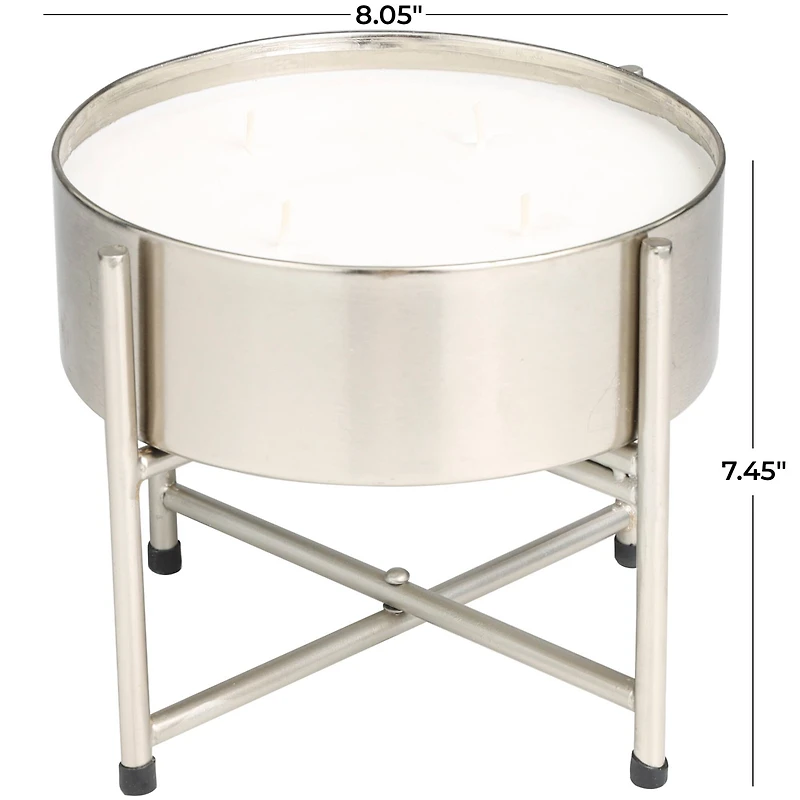 55oz. Sweet Bamboo Scented White 4 Wick Candle in Silver Bowl with Stand