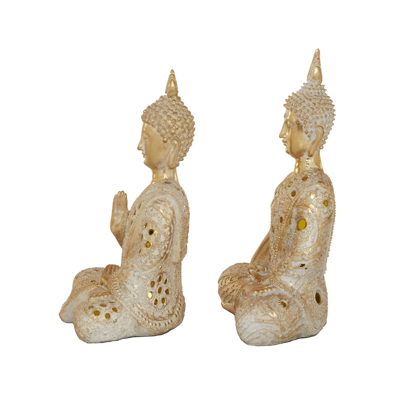 Set of 2 Gold Polystone Glam Buddha Sculpture, 10", 11"
