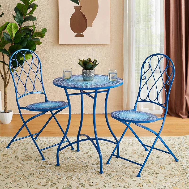 Glitzhome® 28" Blue Outdoor Metal Folding Bistro Table with Ceramic Tile Top