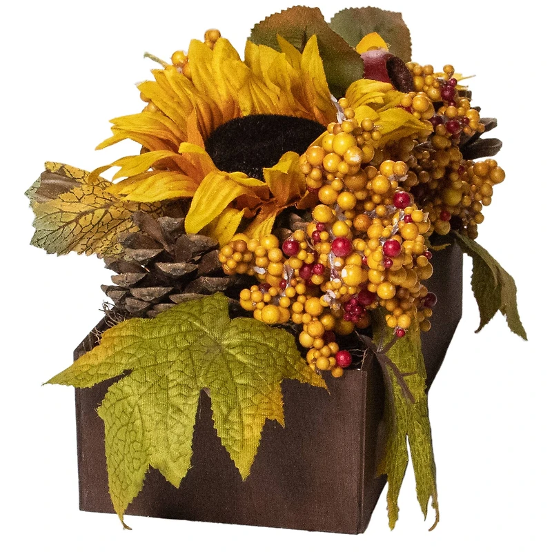 10" Yellow & Brown Sunflowers & Leaves Fall Harvest Floral Arrangement
