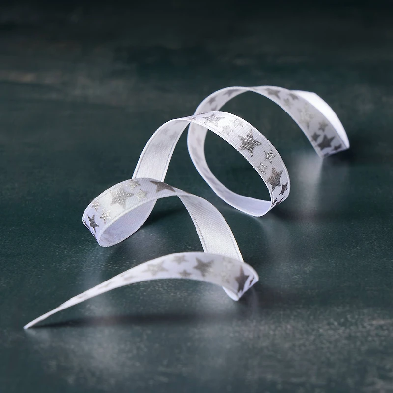 3/8" x 7yd. White & Silver Foil Stars Satin Ribbon by Celebrate It® Classic