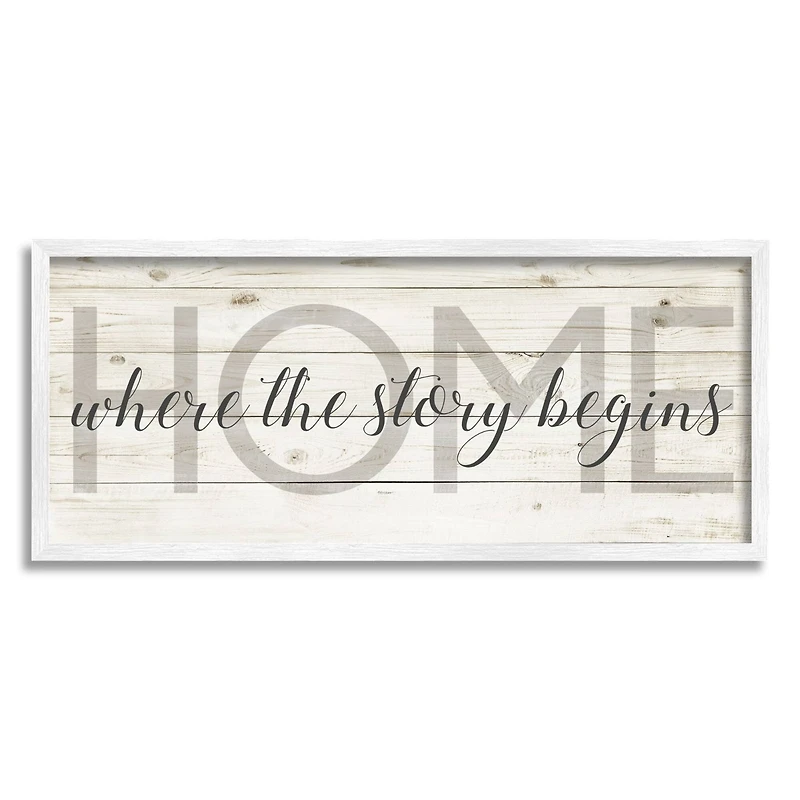 Stupell Industries Story Begins Family Home Inspirational Word Textured Wood Design Framed Wall Art