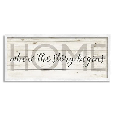 Stupell Industries Story Begins Family Home Inspirational Word Textured Wood Design Framed Wall Art