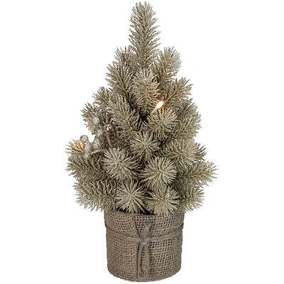 10.25" Pre-Lit Metallic Glitter Artificial Potted Christmas Tree with Burlap Base, Clear LED Lights