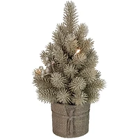 10.25" Pre-Lit Metallic Glitter Artificial Potted Christmas Tree with Burlap Base, Clear LED Lights