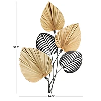 25" x 3" x 36" Brown Metal Leaf Layered Wall Decor with Palm Leave Accents