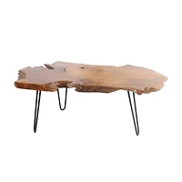 43" Brown Teak Wood Handmade Live Edge Coffee Table with Black Metal Hairpin Legs