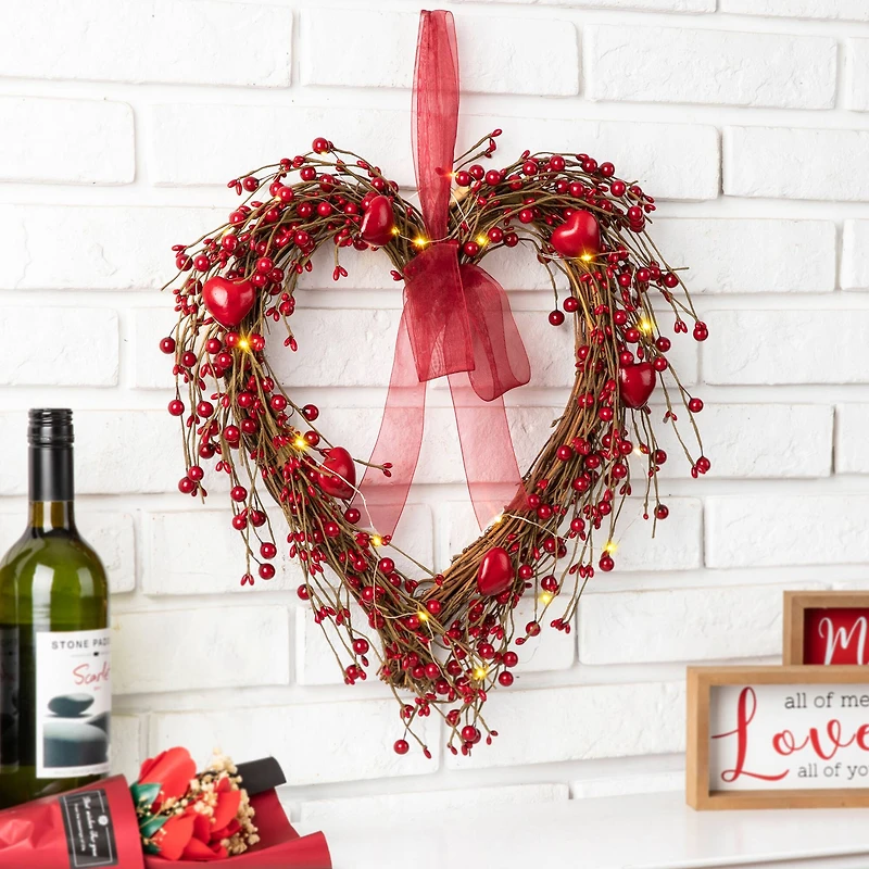 Glitzhome® 17" Lighted Valentine's Berry Heart Wreath