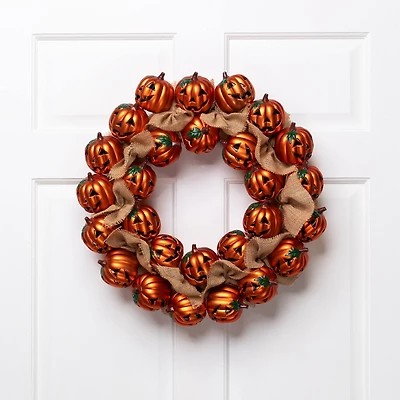 20'' Unlit Jack-O-Lantern and Burlap Ribbon Halloween Wreath