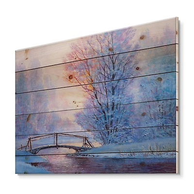 Designart - Winter Landscape With A River and A Bridge