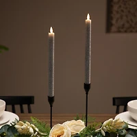 LED Flameless Flickering Taper Glittered Christmas Candles - 11" - Silver - Set 2