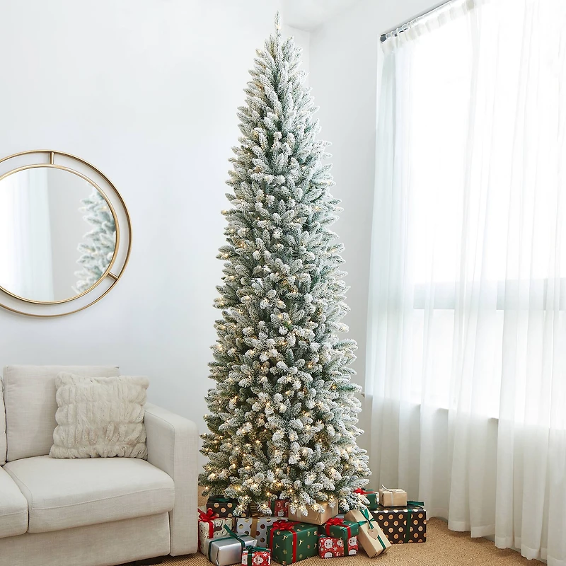 9ft. Pre-Lit Flocked Fir Artificial Christmas Tree, Warm White LED Lights