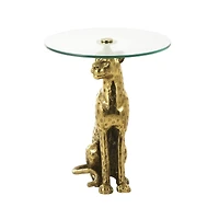 25" Gold Aluminum Leopard Spotted Sitting Accent Table with Glass Tabletop
