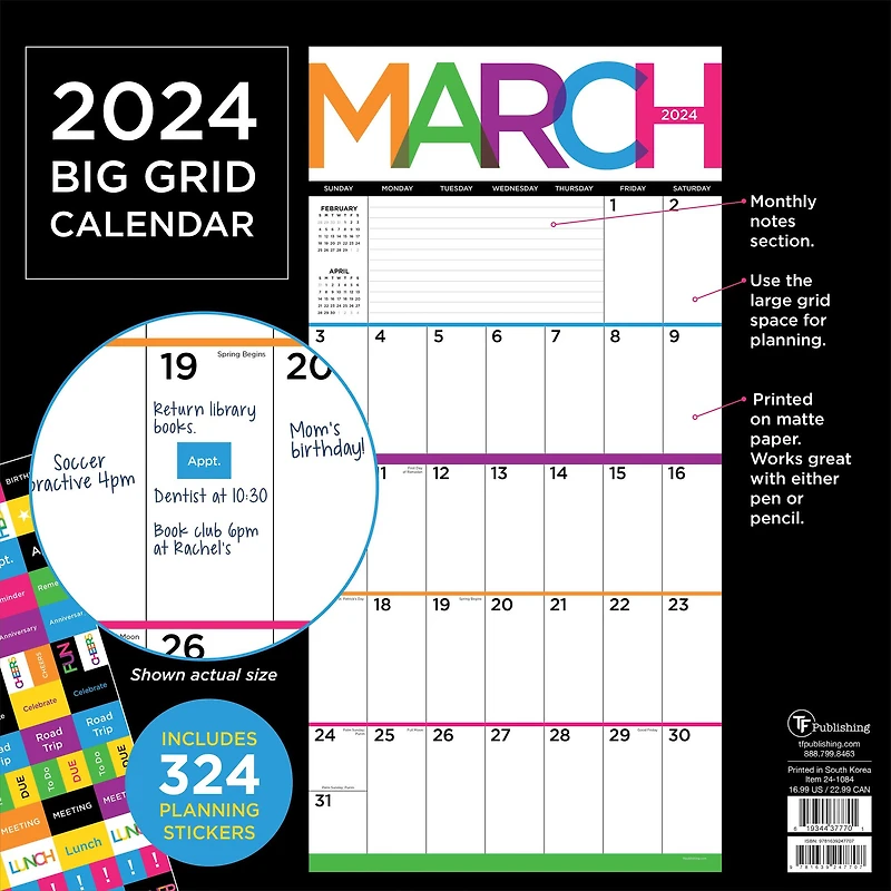 TF Publishing 2024 Big & Bright Grid Wall Calendar
