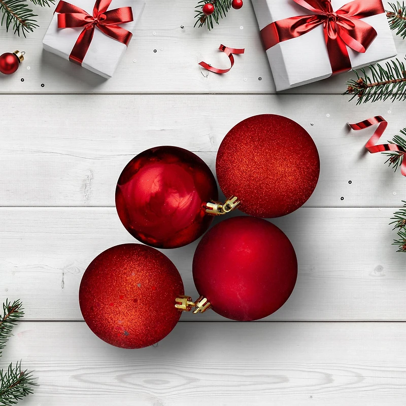 32ct. 3.25" 4-Finish Red Shatterproof Ball Ornaments