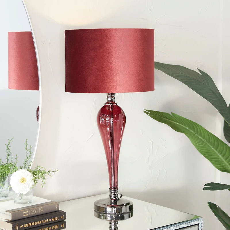 Red Velvet Glam Table Lamp, 27" x 13" x 13"