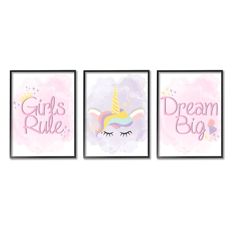 Stupell Industries Girls Rule Dream Big Star Crown Unicorn Framed Wall Art