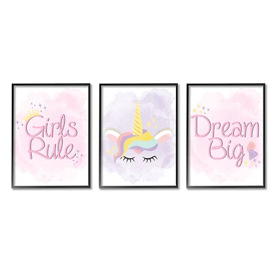 Stupell Industries Girls Rule Dream Big Star Crown Unicorn Framed Wall Art