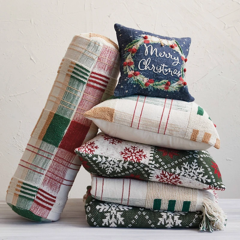 Hello Honey® 18" Red, Green & Gold Plaid Textured Woven Throw Pillow