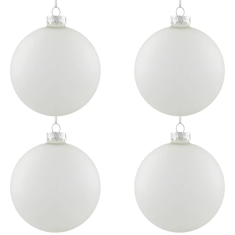 4ct. 4" White & Silver Frosted Matte Glass Ball Ornaments