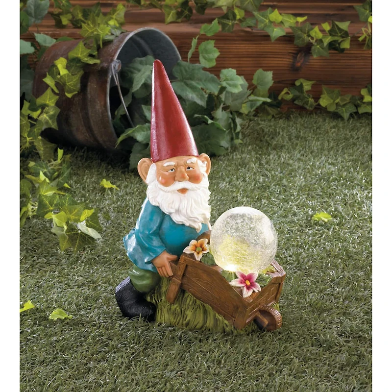 11.75" Gnome with Wheel Barrow Solar Statue
