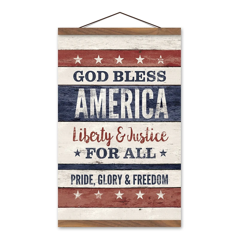 God Bless America Teak Hanging Canvas