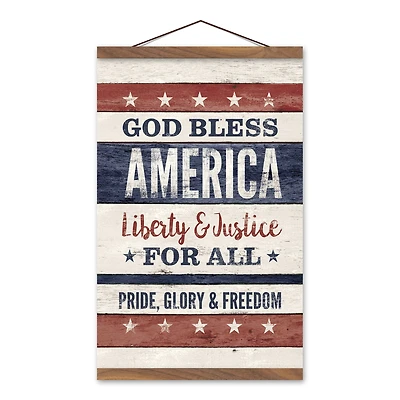 God Bless America Teak Hanging Canvas