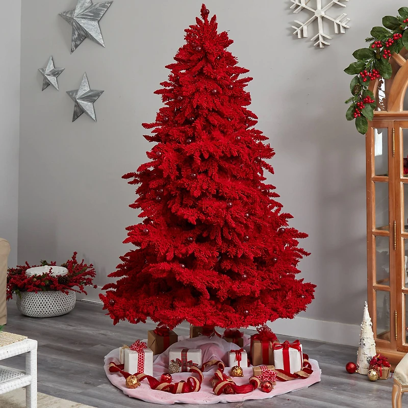 8ft. Pre-Lit Red Flocked Fraser Fir Artificial Christmas Tree, Red Lights