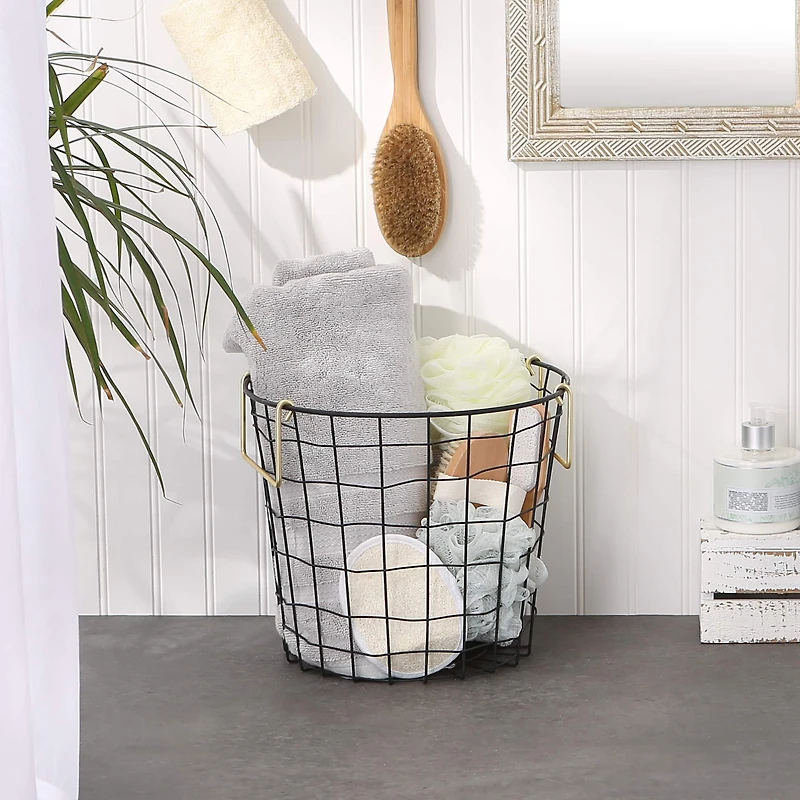 DII® Small Round Black Metal Basket with Gold Handles
