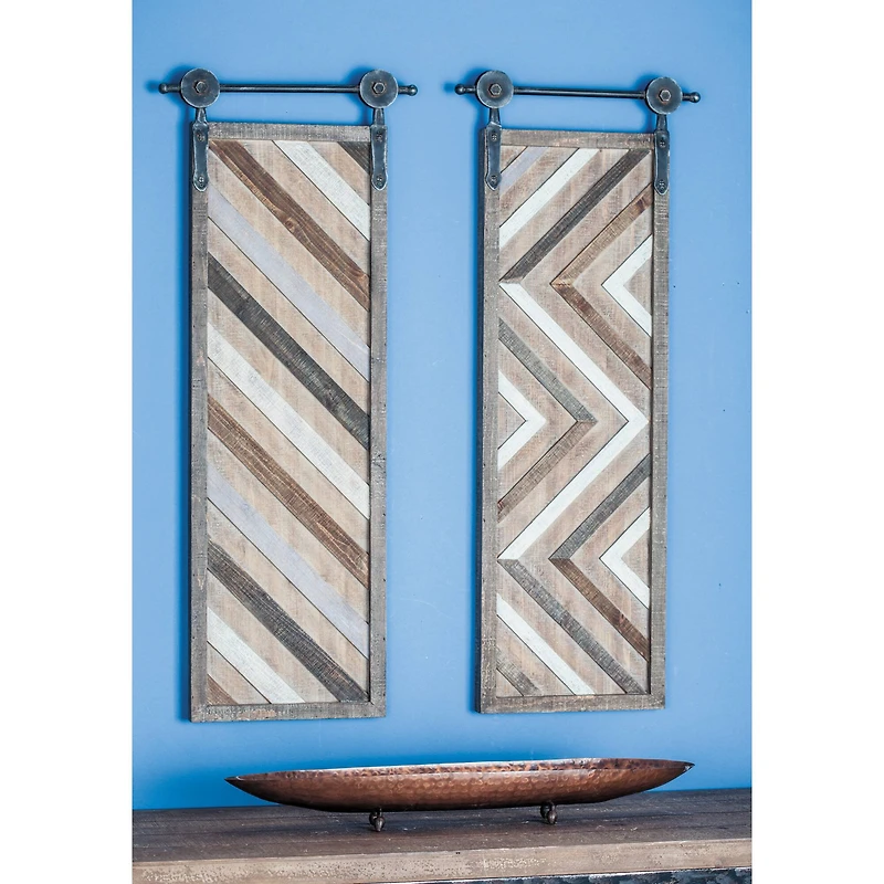Set of 2 Brown Wood Farmhouse Abstract Wall Decor, 16" x 39"