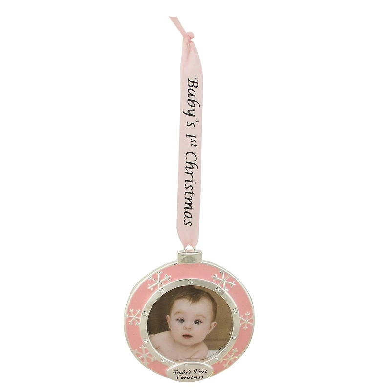 Pink & Silver Baby's First Christmas Crystal Embellished Photo Ornament