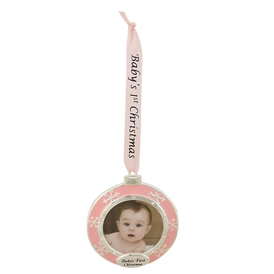 Pink & Silver Baby's First Christmas Crystal Embellished Photo Ornament