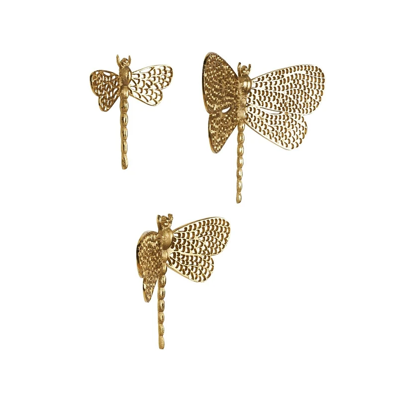 Gold Aluminum Dragonfly Wall Decor with Spotted Cutout Wings, Set of 3