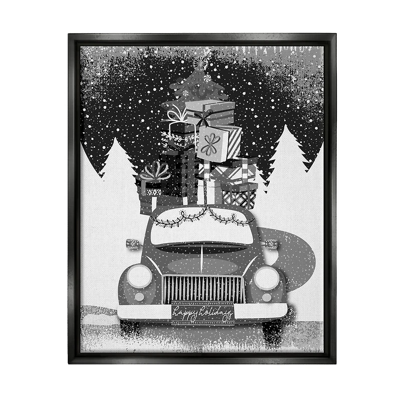 Stupell Industries Happy Holidays Gifts Car Framed Floater Canvas Wall Art