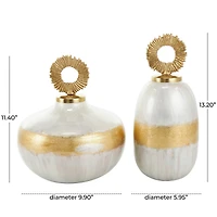 White Metal Abstract Brushed Decorative Jar Set with Gold Detailing & Ring Handles