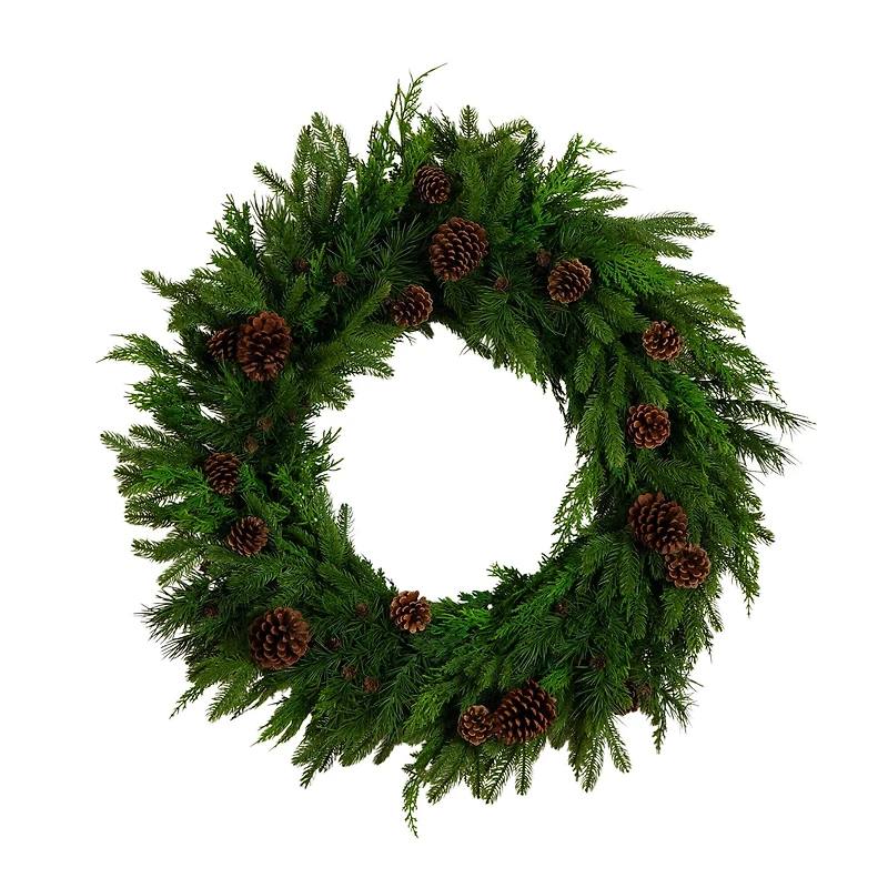 30in. Artificial Norfolk Mixed Pine Wreath with Pinecones